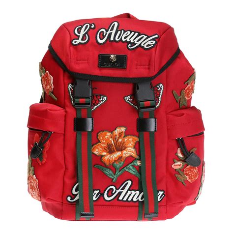 Red Gucci Flower Patched Backpack 